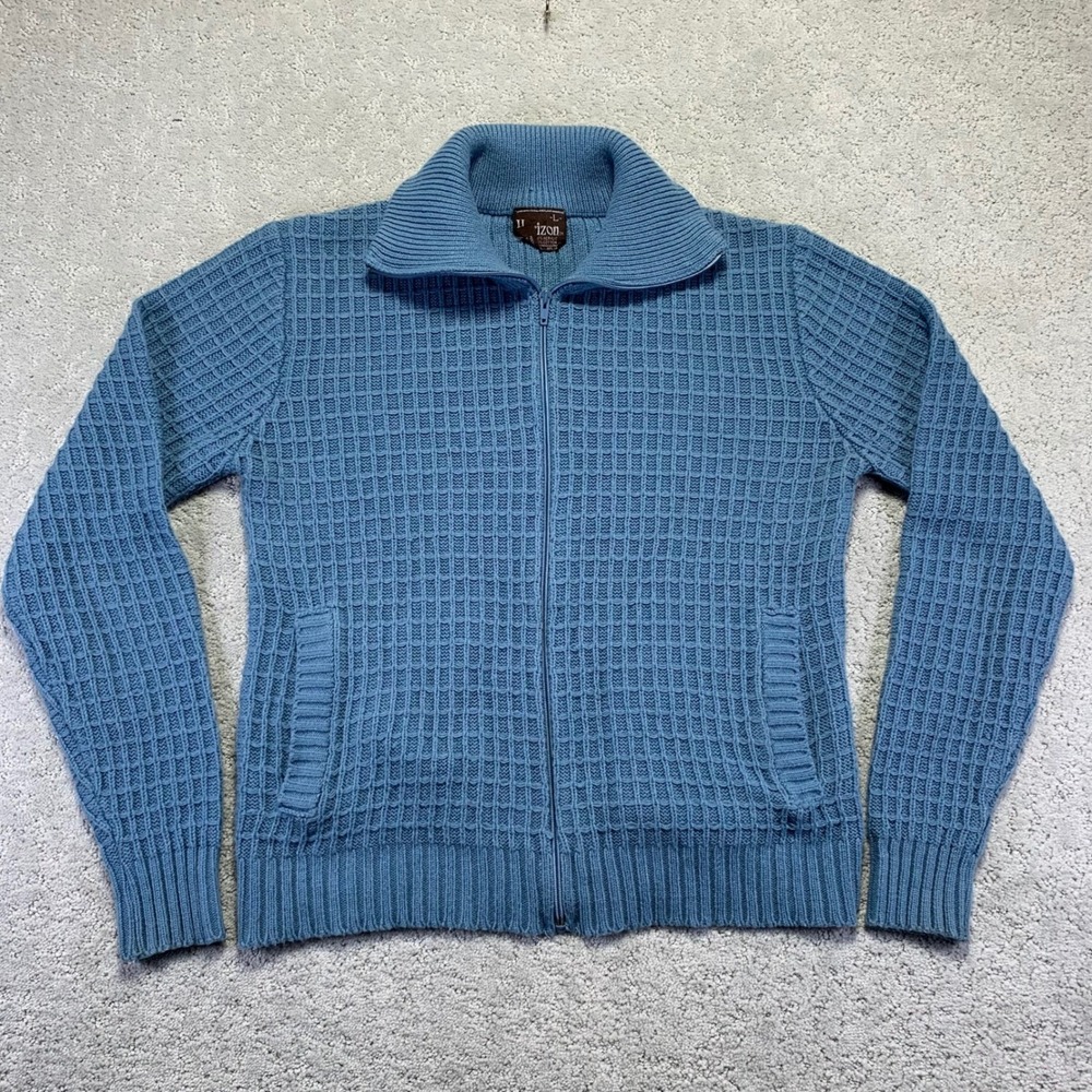 Vintage Horizon Sweater Womens Large Blue Waffle Knit Zip 70 Cardigan‎ Acrylic
